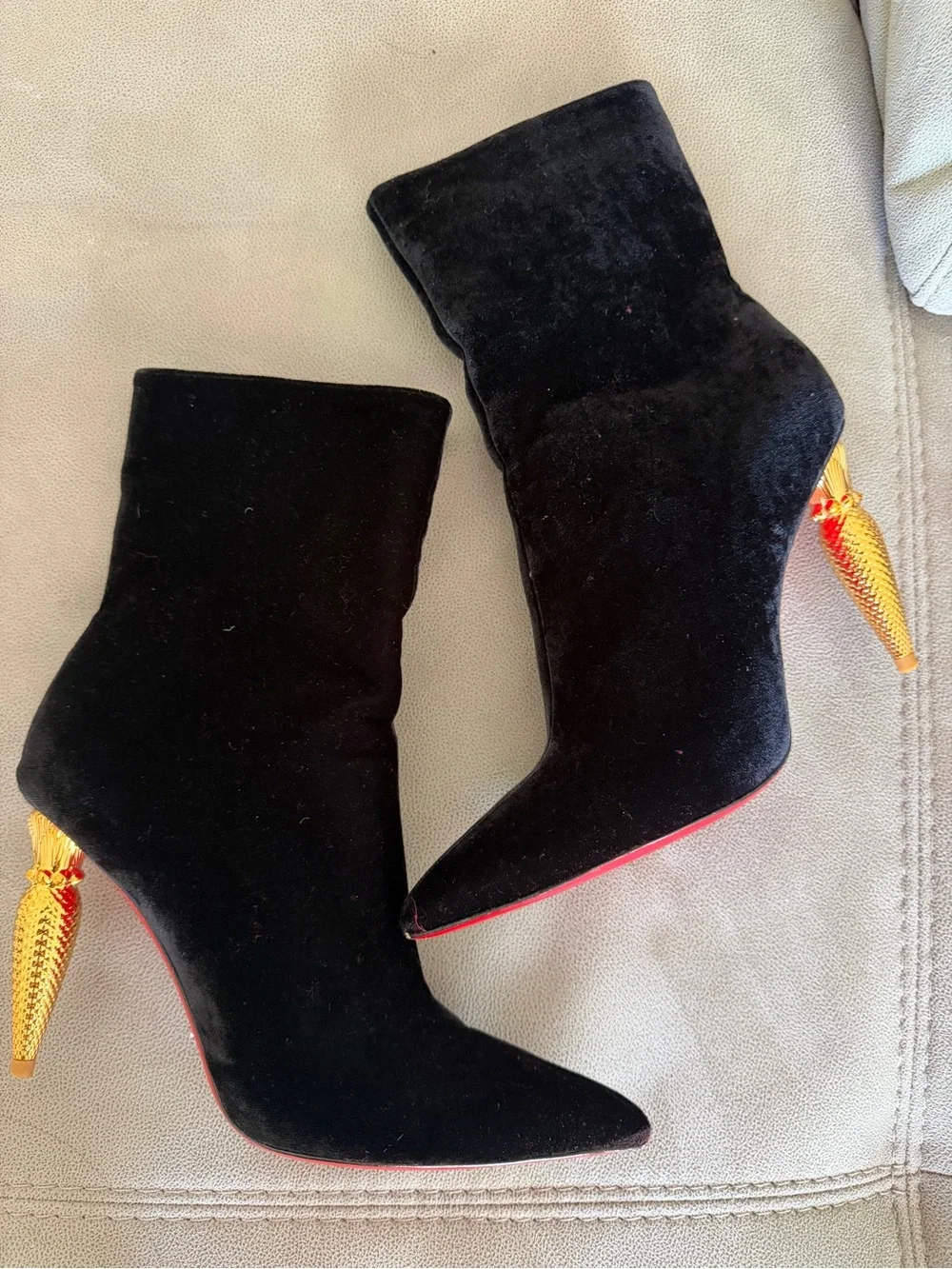Christian Louboutin Black Velvet Ankle Boots with Gold Sculptural Heel